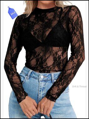 Womens Mesh Lace Long Sleeve Mock Neck See Through Blouse Top